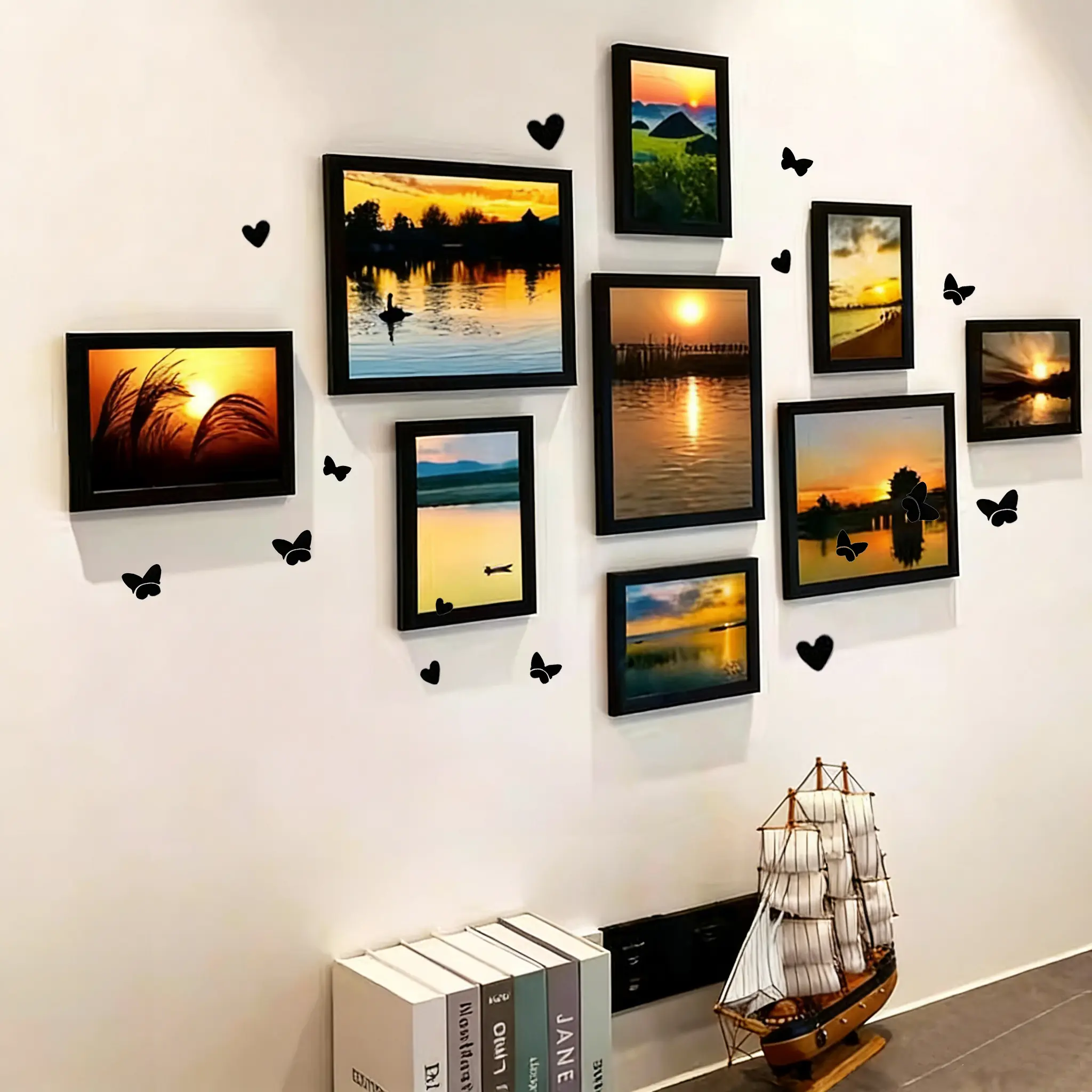 9 PC Magnetic Photo Frames Wall art, 3pc A5, 6pc A6, Wall Decor with Heart & Butterfly Ornaments, Self-adhesive backing, Picture Frames Collage Wall Decor, Photo Display for Living Room Bedroom Home, Multi Picture Frame