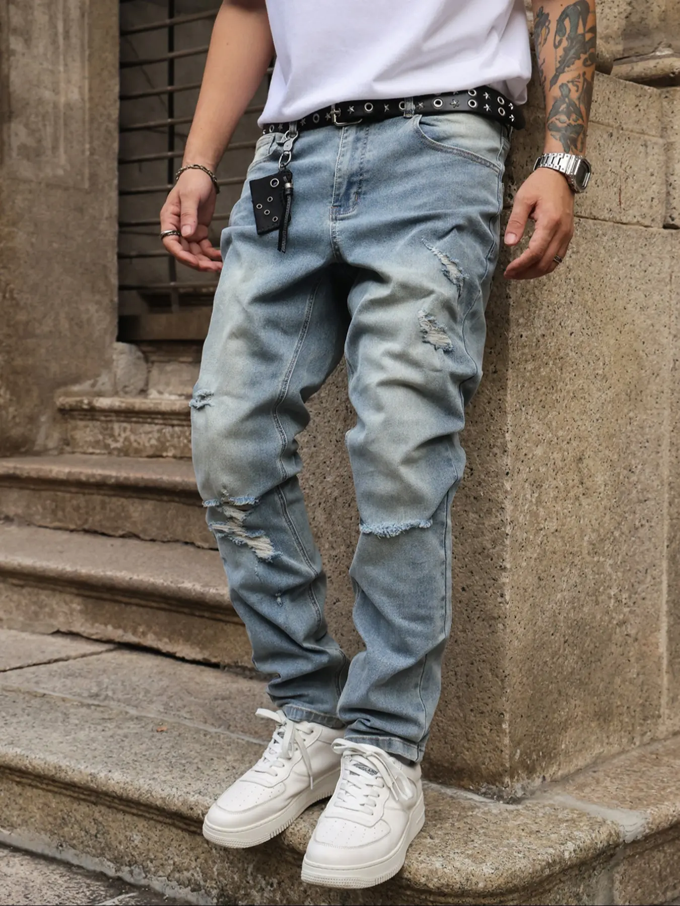 Men's Elastic Fitted Retro Ripped Destroyed Hole Jeans, All Seasons Natural Waist Menswear Denim Pants Streetwear, Casual Fashion Denim Streetwear Distressed, Perfect Gift for Boyfriend and Husband