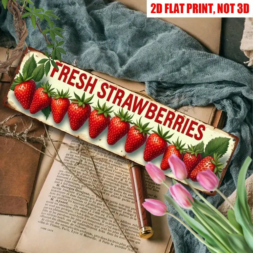 Rustic Tinplate Strawberry Plaque Decorative Wall Art, 3.9x15.7 in (10x40cm) Durable Fade-Resistant Iron Garden Decor, Pre-Holed Nail-Mountable Easy-to-Hang No-Electricity Christmas Fruit Sign