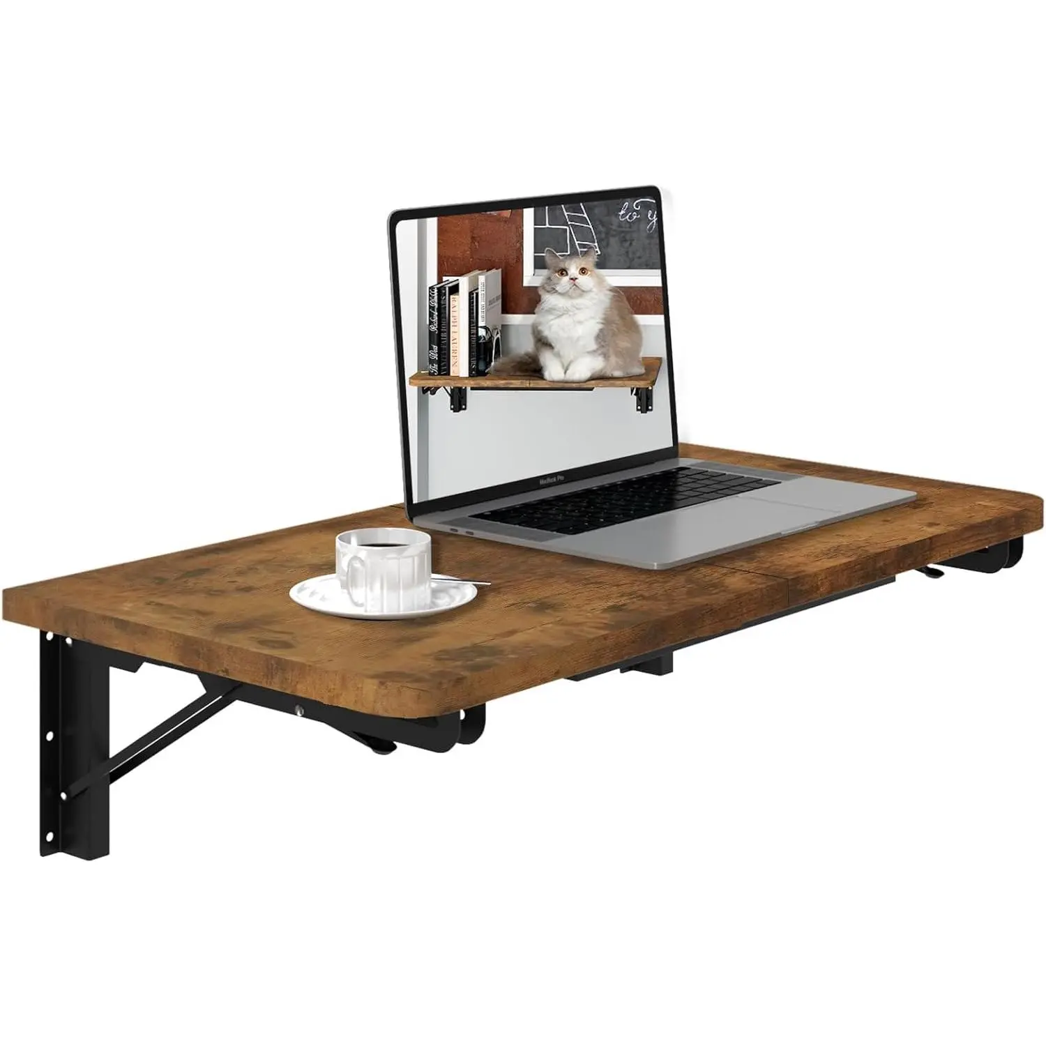 Rustic Brown Steel Wall-Mount Floating Table with Shelves - 23.6*11.8 Inches Drop Leaf Desk, 80 lbs Max Heavy-Duty Brackets, Comfortable User Experience for Small Kitchen/Balcony Decor Use