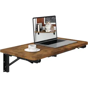 Wall Mounted Folding Table, Rustic Brown Floating Wall Desk for Small Spaces, Drop Leaf Dining Table for Kitchen Fold Down Laundry Shelf with Heavy-Duty Brackets