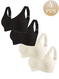 Women's Seamless Wireless Bra, Adjustable Wide Shoulder Straps, Comfortable Breathable Daily Wear, Ribbed Stripe Design