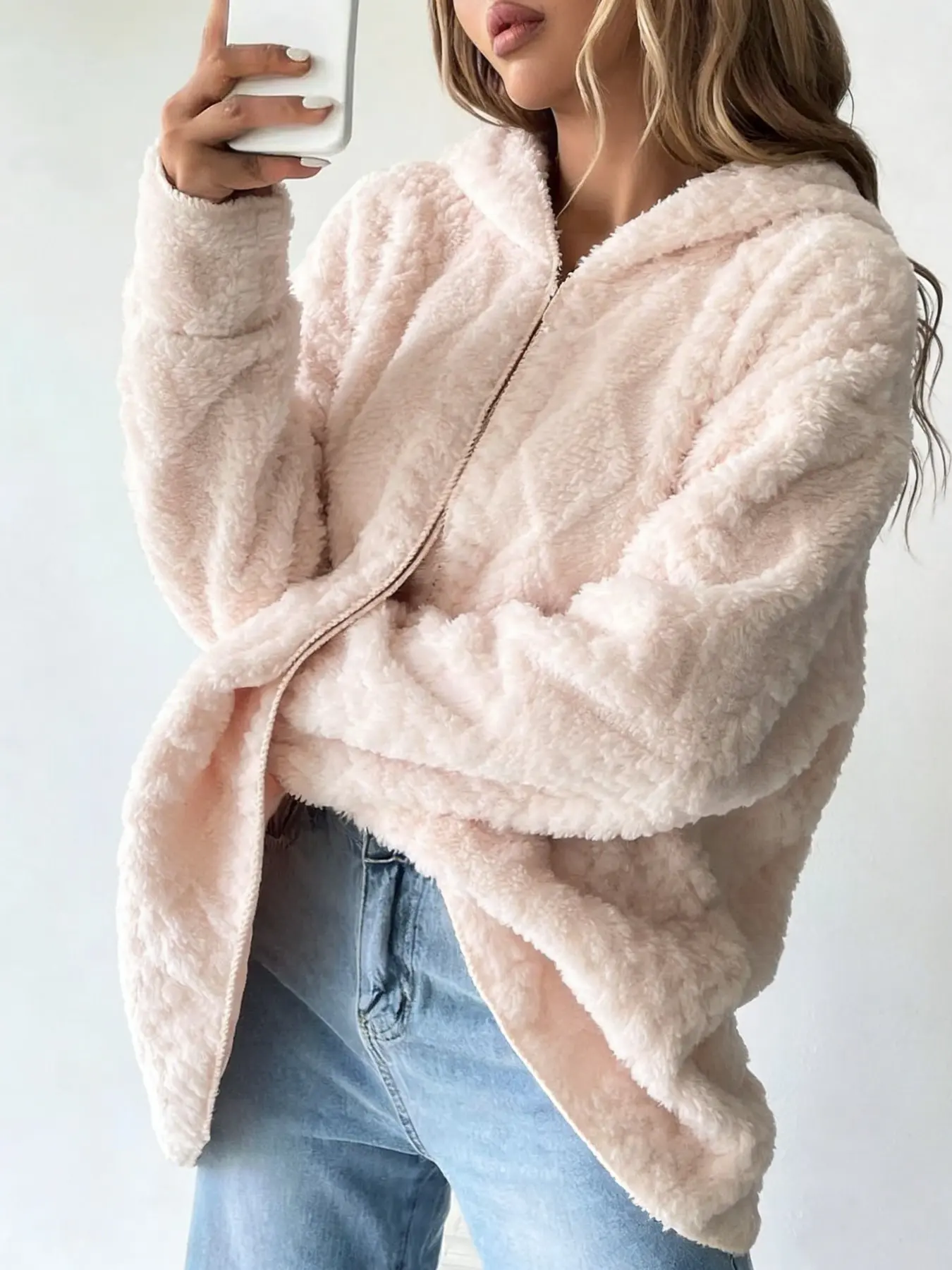 Women's Oversized Fuzzy Hooded Cardigan | Soft Plush Open-Front Casual Jackets & Coat | Warm Cozy Daily Loungewear Outerwear | Single Piece | Light Pink Style