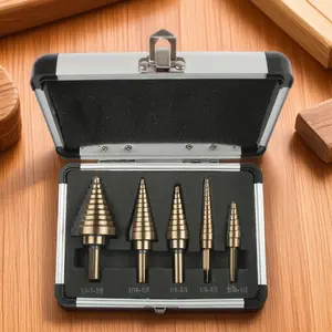 5-Piece Titanium Coated Step Drill Bit Set with Cobalt Steel Dual Blades for Metal Wood Plastic Auto Repair Home Improvement Portable Aluminum Case 50 Sizes Durable Multi-Purpose Drill Bits Kit
