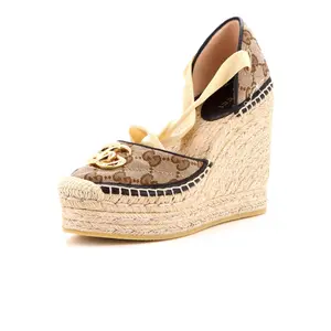 Pre-owned Gucci Women's GG Marmont Wedge Espadrilles Diagonal Quilted GG Canvas by Rebag
