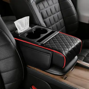XKUAPSJ 5-in-1 Center Console Cover Organizer with Cup Holder, Storage Pocket and Tissue Box, Car Armrest Cover Cushion Pad, Grid Texture Anti-Slip Protector, Comfortable Elbow Support for Daily Driving, Road Trips and Long Commutes, Black