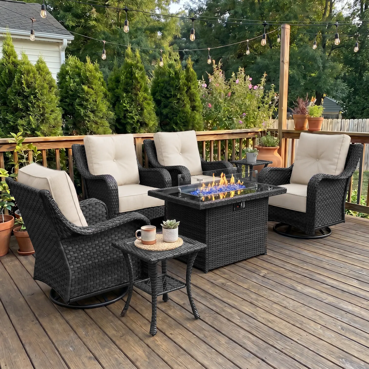 LayinSun 7-Piece Wicker Outdoor Furniture Set with 6-inch Comfy Cushions, High Back Patio Furniture Set with Swivel Rocking Chairs and Fire Pit Table, Multiple Packages summervibes