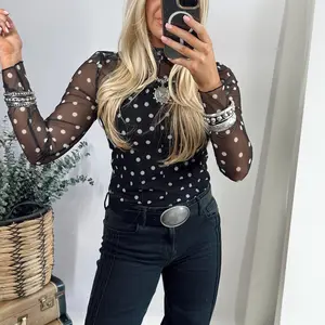 MULLVEIG Women's Black Polka Dot Bodycon Mesh Long Sleeve Top Crew Neck Slim Fit Elegant Going Out Party Blouse Shirts