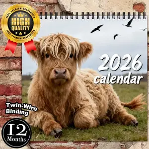 2026 Highland Cow Theme Wall Calendar, 12 Months Colorful Illustrations, 7.9in X 7.9in Perfect Size, Cute Fun Highland Cow Art Decor Gift