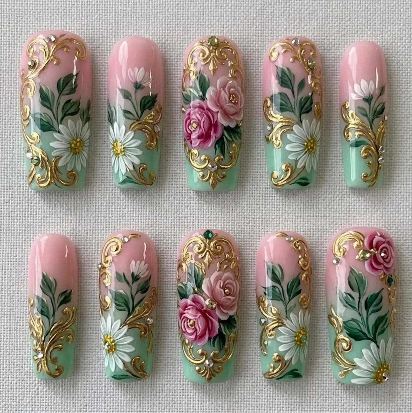 Vintage Floral Press On Nails | 3D Pink Rose, Daisy & Gold Baroque Frame Art | Handmade Luxury Nails