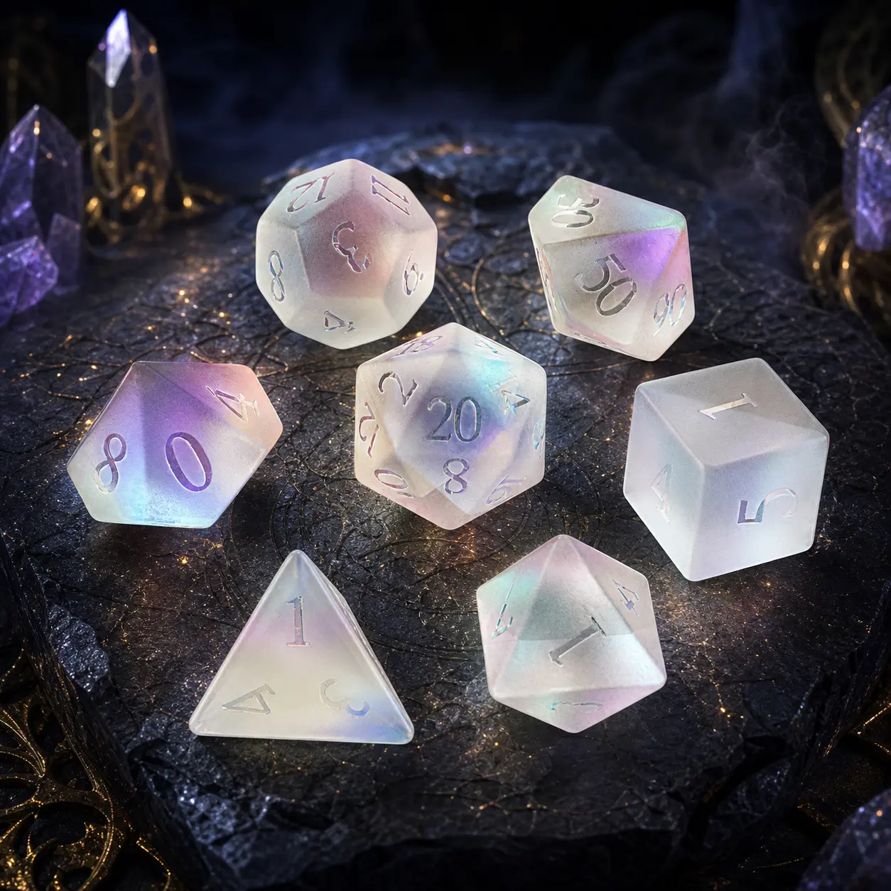 7PCS Iridescent Frosted Glass DND Dice Set, Opal Milky White Polyhedral RPG Dice with Raised Numbers, Dreamy Color Shifting Effect for Dungeons & Dragons Pathfinder TTRPG Games, Unique Collector Gift for Players & Dungeon Masters