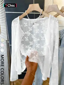 1pc  Floral Lace Sheer Cropped Knitwear Cardigan , Breathable Mesh Material & 3D Floral Embroidery & Open-Front Detail , Perfect for Stylish Ladies in Brunch Dates/Beach Days/Photo Shoots/Weekend Hangouts