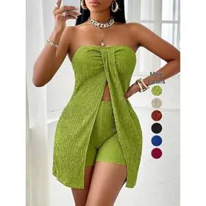 Women's Textured Fabric Twist Front Split Top and Shorts Set, Spaghetti Strap Two-Piece, Slim-Fit Casual Wear