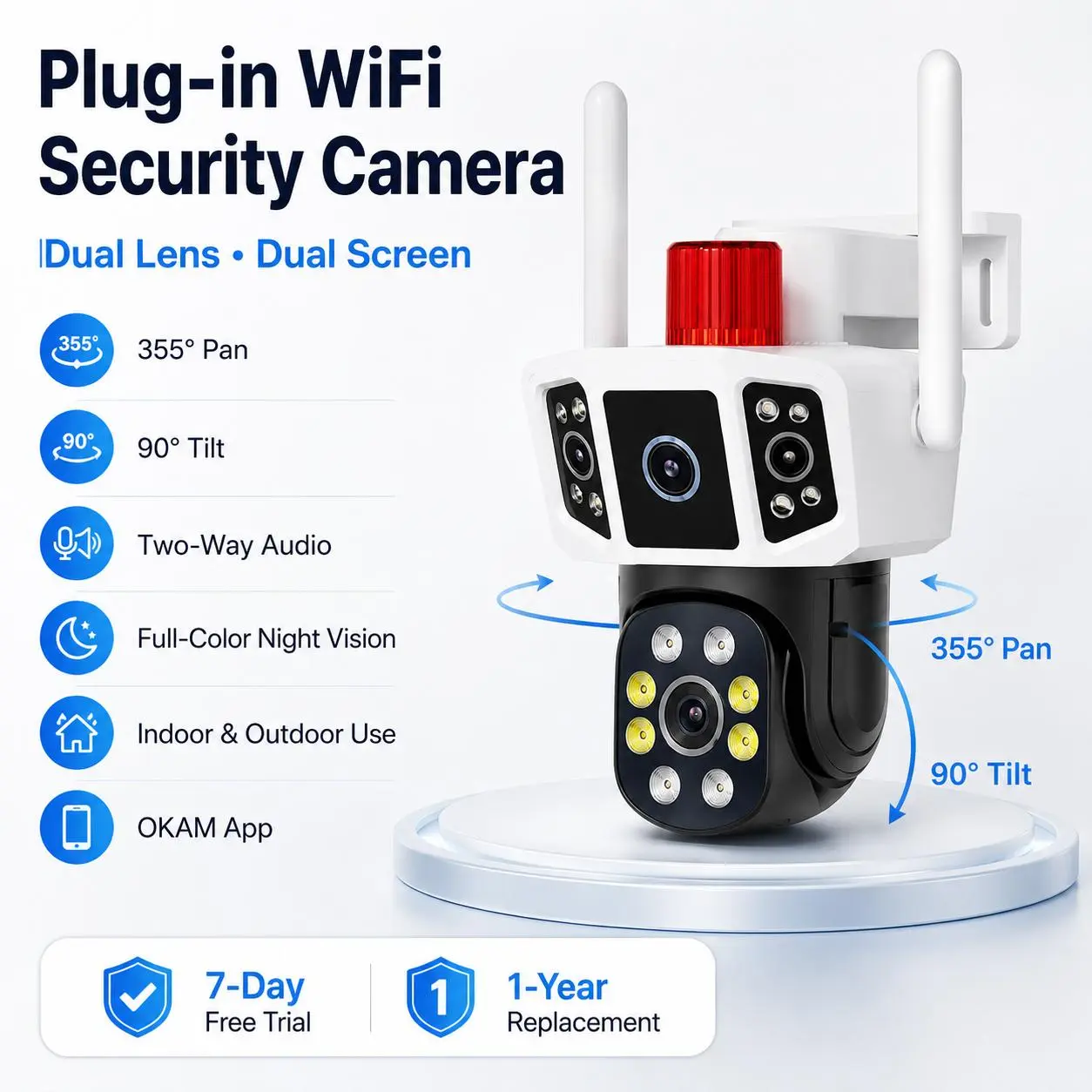 2K Dual Lens WiFi Outdoor Security Camera with Speaker - Plug-in Pan-Tilt Smart Home Monitor, 360° View, Full Color Night Vision, 2-Way Audio, Motion Detection, 4x Digital HD 1080p Picture, Wall Mount, No Monthly Fees