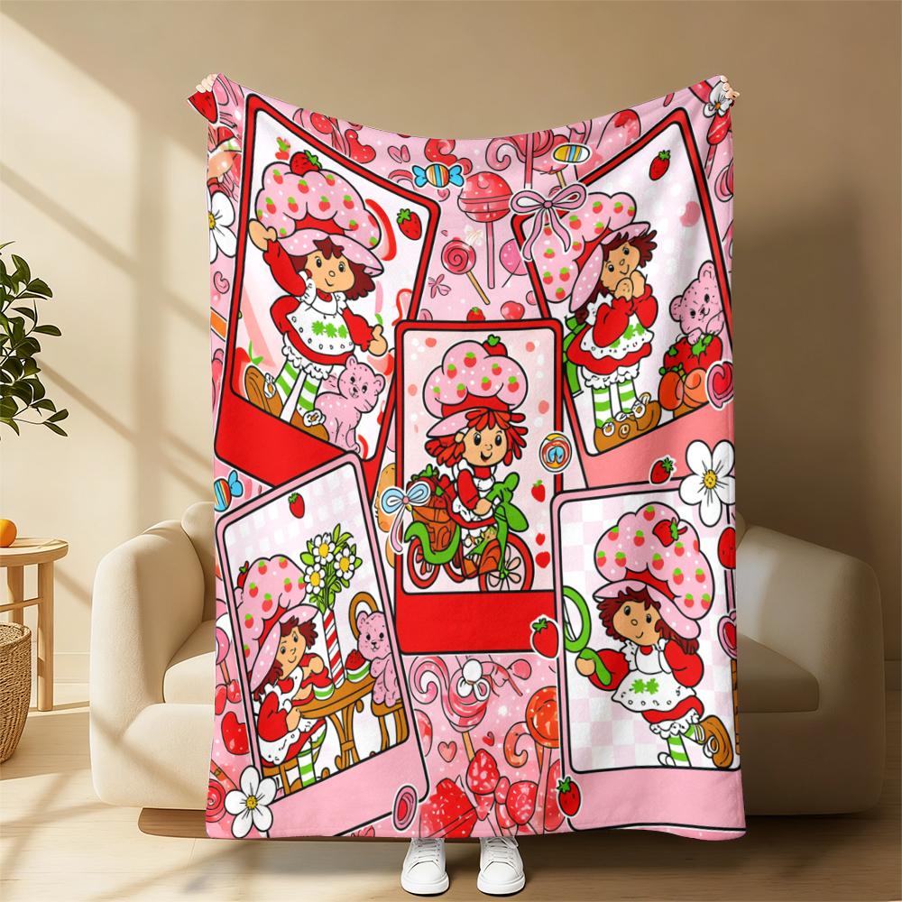 Strawberry Shortcake Flannel Throw Blanket, Sweet Strawberry Girl & Cat Design, Cartoon Pattern Blanket, Soft Lightweight Cozy, child Room Sofa Decor, Nostalgic Gift Suitable for all four seasons A gift suitable for fans, friends and children