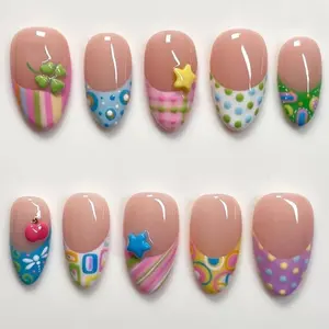 Y2K French Tip Polka Dot Press On Nails, Cute Colorful Pastel Nail Set with 3D Stars & Hearts, Funky 2000s Aesthetic Nail Art