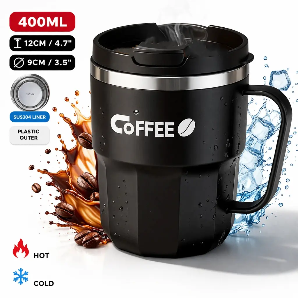 Black-400ml Insulated Travel Cup - Stainless Steel Double Insulated Coffee Cup with Lid, Kitchenware Drinkware for Office Workers, Daily Use Water Bottle, Aesthetic