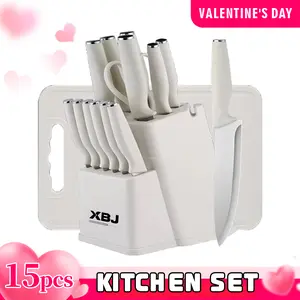 15-Piece Stainless Steel Kitchen Knife Set – Including Practical Tools Like Knives and Scissors, Equipped with a Knife Block for Storage, an Essential Food Cutting Tool Set for Modern Homes. Utensils Kitchenware
