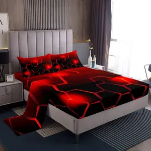Feelyou Red and Black Microfiber Bedding Set - Honeycomb Pattern Geometrical Decor with Deep Pocket Fitted Sheet, Ideal for Kids