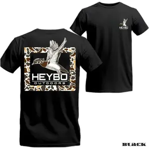 Men's Cotton Classic Short-Sleeve Roundneck T-Shirt - Double-Sided Black Cloth Top with Flying Mallard Graphic, Soft Fabric, Menswear for Waterfowl Hunters, Stylish Casual Streetwear