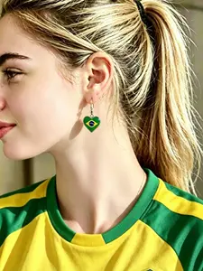 1 pair of new Brazilian fan-themed heart-shaped earrings, personalized accessories ideal for women to wear at football matches and parties, Alloy, All Seasons, Trendy