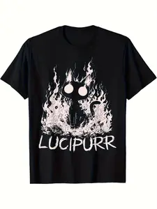 Men's Gothic Edgy Lucifer Cat Graphic T-Shirt - Fitted Oversized Long Black Flaming Cat Tee, LUCIPURRR Funny Demon Kitty Print, Grunge Streetwear Aesthetic, Vintage Dark Art Casual Shirt for Guys, Comfort Crew Neck Short Sleeve