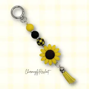 Sunflower Keychain | Yellow Black Beaded Keyring | Handmade Sunflower Tassel Charm | Cute Bag or Key Accessory