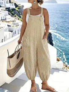 Elegant Women's Spring Summer Striped Loose Pocket Bib Overalls, Casual Fashion Commuter Pants, Comfortable and Stylish