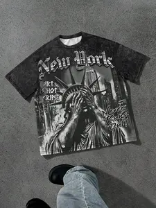 Men's Statue of Liberty Print T-Shirt, Casual Loose-Fit Short Sleeve, Comfortable All-Seasons Streetwear, Ideal for Outdoor Activities