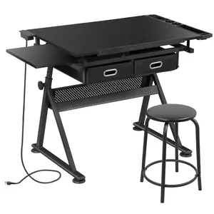 SEGAWE Drafting Table Art Desk Height Angle Adjustable Durable Steel Wood Construction with Storage Drawers, Black