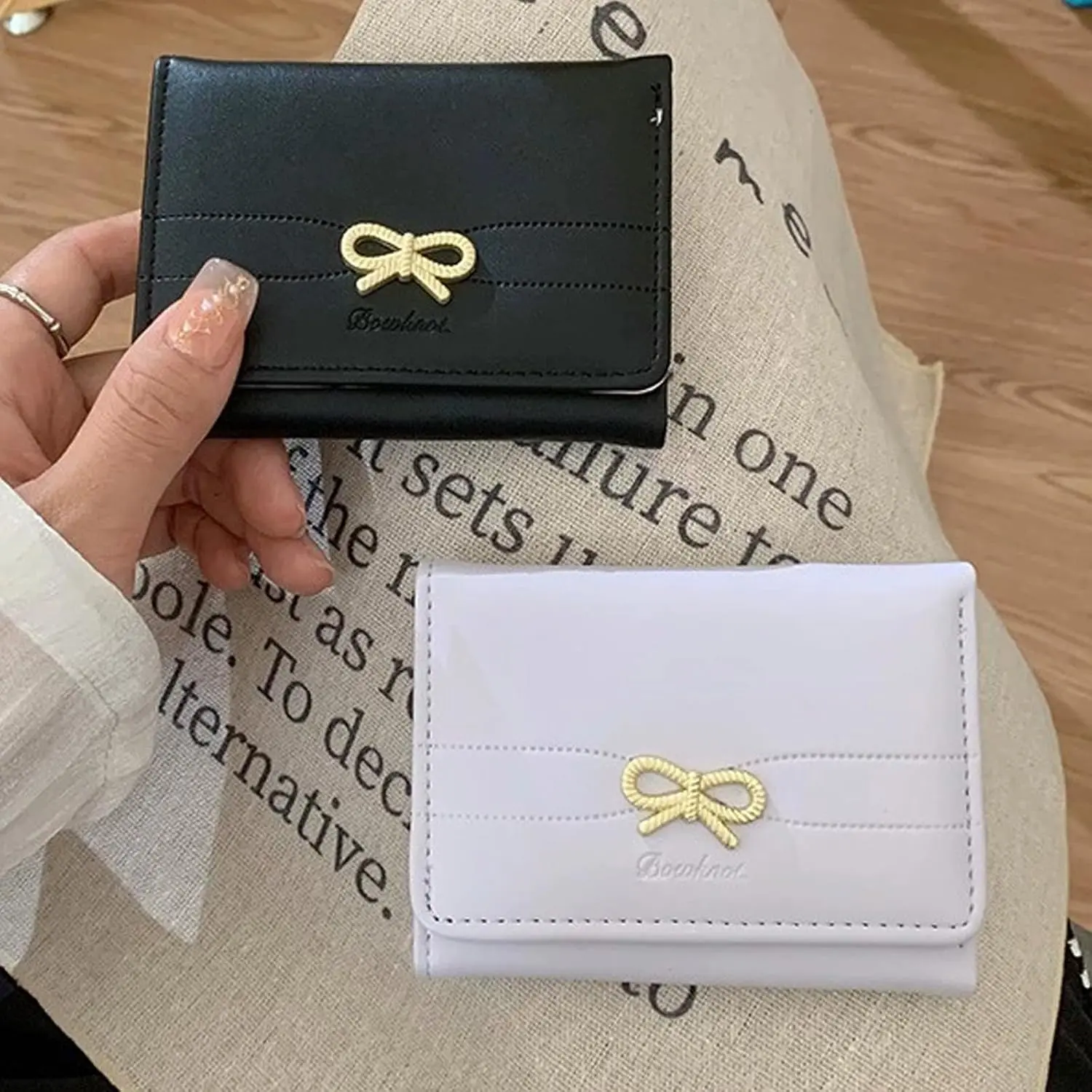 Women's Cute Coquette Bow Soft Leather Mini Wallet - RFID Shielding Compact Card Holder with 7 Card Slots, Cash Slot, ID Window, Daily Use Gift Find