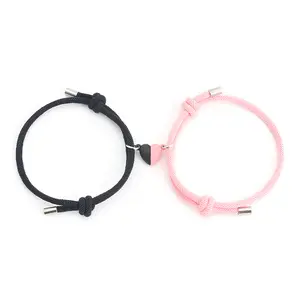 Unisex Heart Shaped Bracelet Set - Adjustable Red & Black Rope Jewelry with Pink Charm, Trendy Matching Bracelets, Couple’s Daily Gift Accessory