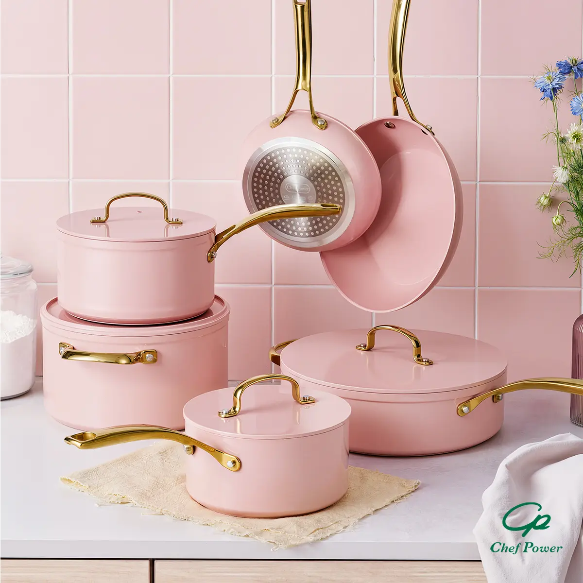 Chef Power Sunray 10pcs Golden Handle Ceramic Nonstick Pots and Pans Set, Oven-Safe White Aesthetic Kitchen Cookware for Frying, Ideal Gift for New Kitchens,familyfun