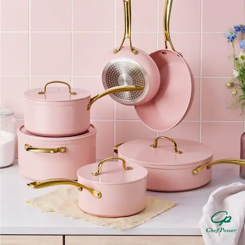 Chef Power Sunray 15pcs Golden Handle Ceramic Nonstick Cookware Set By Series Oven Safe Kitchen Dining Pan Pot Utility white aesthetic cookware Frying Summervibes summerwins A Must-Have Gift for a New Kitchen,familyfun