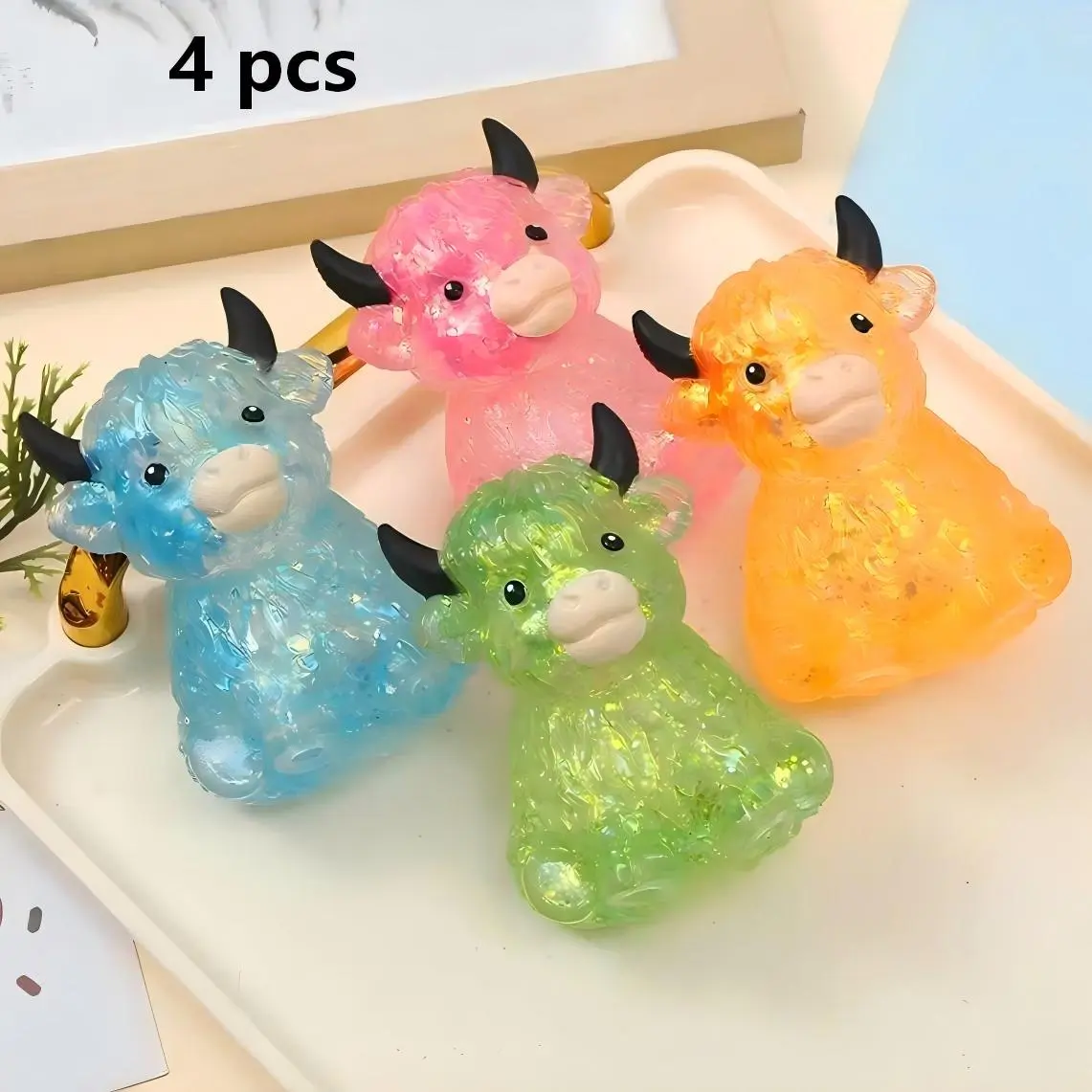 4pcs Mini Highland Cow Squishy Fidget Set - Slow-Rising Anxiety Relief Gadget, ADHD Sensory Toy, Gifts for Cow Lovers, Easter Baskets Stuffers, Birthday Party Favors