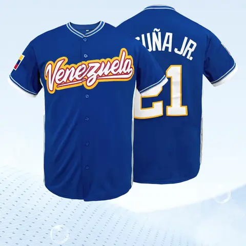 Men's #21 Venezuela Baseball Jersey, Retro Script Fully Embroidered Athletic Jersey, Moisture-Wicking Short-Sleeve Button-Down Shirt with Navy Contrast Piping, Sports Clothing for Game Day and Tailgates, Streetwear Jersey, Embroidered Jerseys