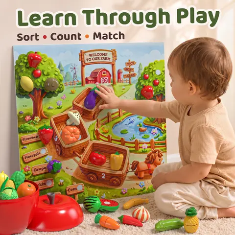 AIBEIQITOY Farm Sorting Felt Play Mat + 44-Piece Apple Cutting Toy Set with Storage Bin, Wall-Mountable Fruit & Vegetable Matching Learning Toy for Kids Play Kitchen Accessories Pretend Cooking Set