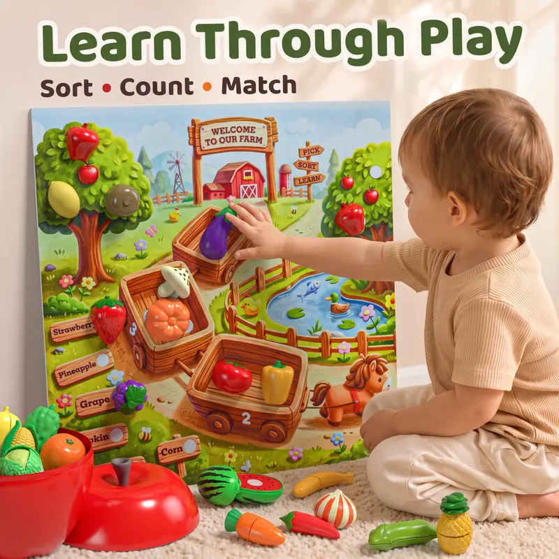 AIBEIQITOY Farm Sorting Felt Play Mat + 44-Piece Apple Cutting Toy Set with Storage Bin, Wall-Mountable Fruit & Vegetable Matching Learning Toy for Kids Play Kitchen Accessories Pretend Cooking Set