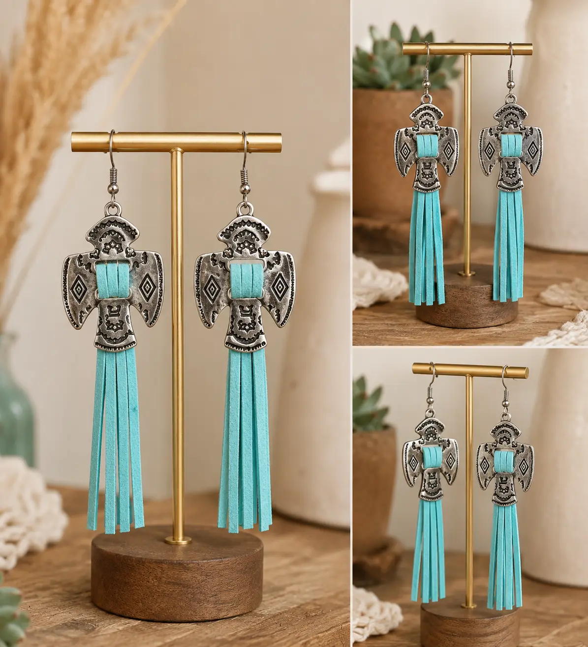 Southwestern Thunderbird Tassel Earrings | Western Turquoise Fringe Dangle Earrings | Boho Cowgirl Statement Jewelry | Lightweight Western Boutique Earrings
