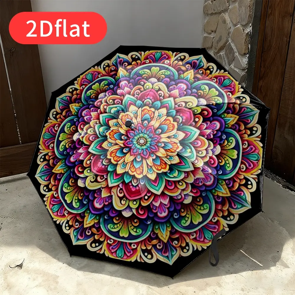 Colorful Mandala Umbrella – Cute cartoon design featuring vibrant pink, blue, green, purple, and yellow mandala patterns. Auto open/close, portable folding umbrella with a durable metal frame and 8-rib support. Perfect