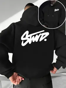 Men's Fall Winter Trendy Hoodie, Geometric Stwd Letter Print Front Back, Casual Fitted Hooded Sweatshirt, Street Style Men's Clothing, Casual Pullover Hoodies