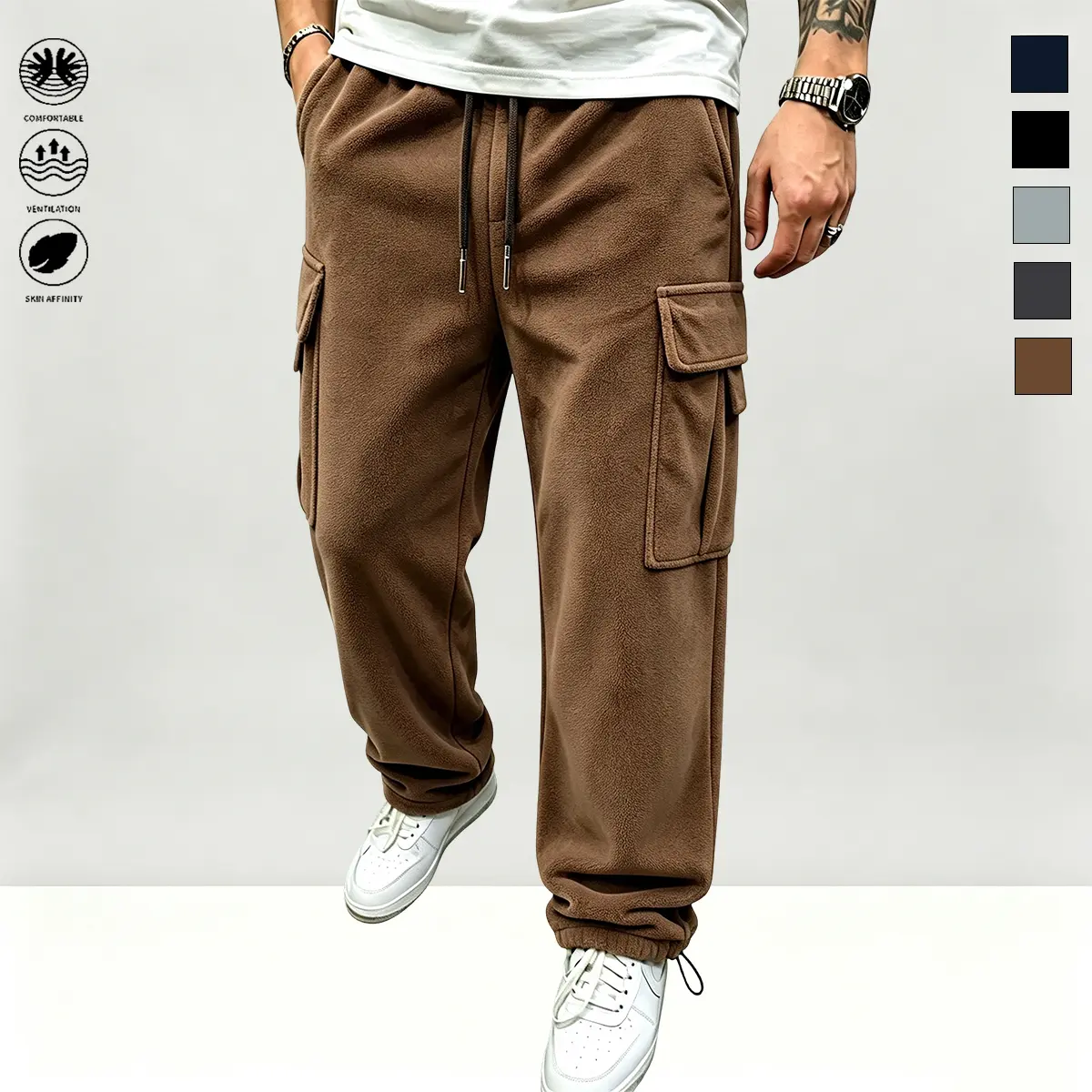 Men’s spring/autumn casual cargo pants with large pockets, street style, loose wide-leg design—ideal for outdoor activities, everyday wear, work, and dates.