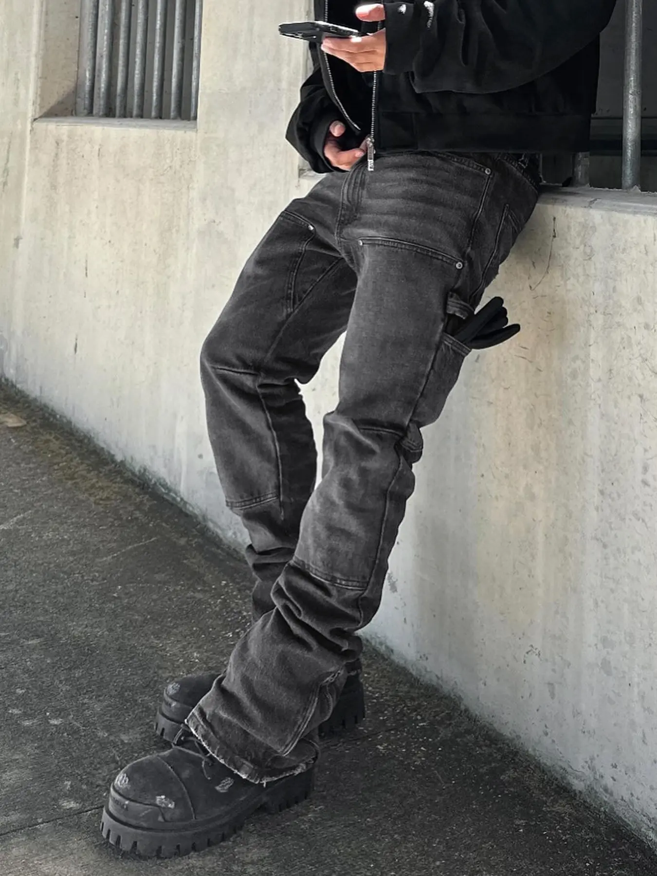 Men's Washed Solid Color Plain Elastic Patchwork High Street Streetwear Korean High Waist Fitted Denim Jeans with Pockets Pants, Casual All Season Wear, Comfortable Fashion Design, Pocket