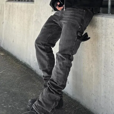 Men's Washed Solid Color Plain Elastic Patchwork High Street Streetwear Korean High Waist Fitted Denim Jeans with Pockets Pants, Casual All Season Wear, Comfortable Fashion Design, Pocket