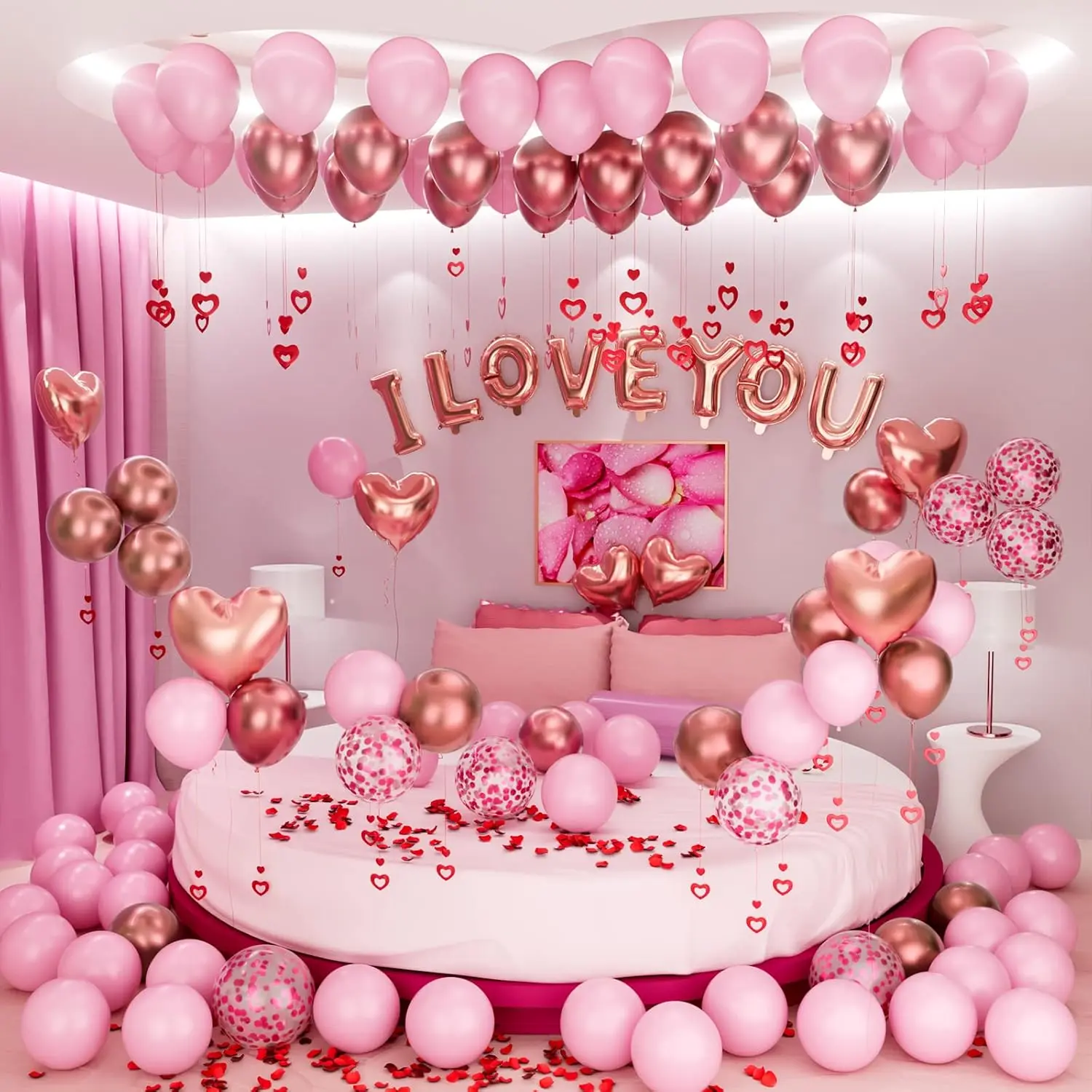 Valentine's Day Metallic Latex Balloon Set - Rose Gold-Pink Heart Pink Arrangement, "I Love You" Accents, Sparkly Elements & Rose Petals for Romantic Valentine, Anniversary Decorations, Latex Balloons, Pink Balloon Arrangement
