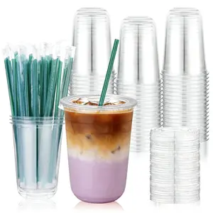 TO GO CUPS 100Sets 16oz Plastic Cups with Lids and Straws,Clear Disposable Iced Coffee Cups for Cold Drinks Juice Milkshakes Smoothies, Plastic To Go Drinking Cup for Party Coffee Bars Picnic,Iced Ube Coconut Macchiato