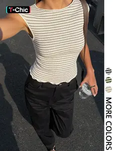 Women's Summer Casual Fit Sleeveless Short Striped Lace Trim T-Shirt Tops, Perfect for Outdoor Y2K Style Vacation Wear