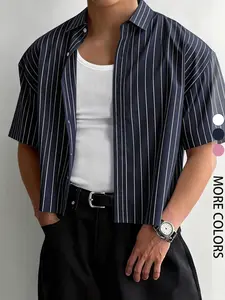 Men's Plaid Shirt, Casual Loose-Fitting Blouse, Minimalist Graphic Pattern, Short Sleeve Long Length, Comfortable Outdoor Fashion, Menswear