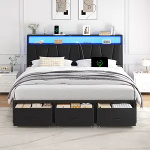 TryLazy Bed Frame with LED Light and 2/3 Storage Drawers, Metal Platform Bed with Storage Headboard & USB and Type-C Ports, Heavy-Duty Slats, No Box Spring Needed, Easy Assembly