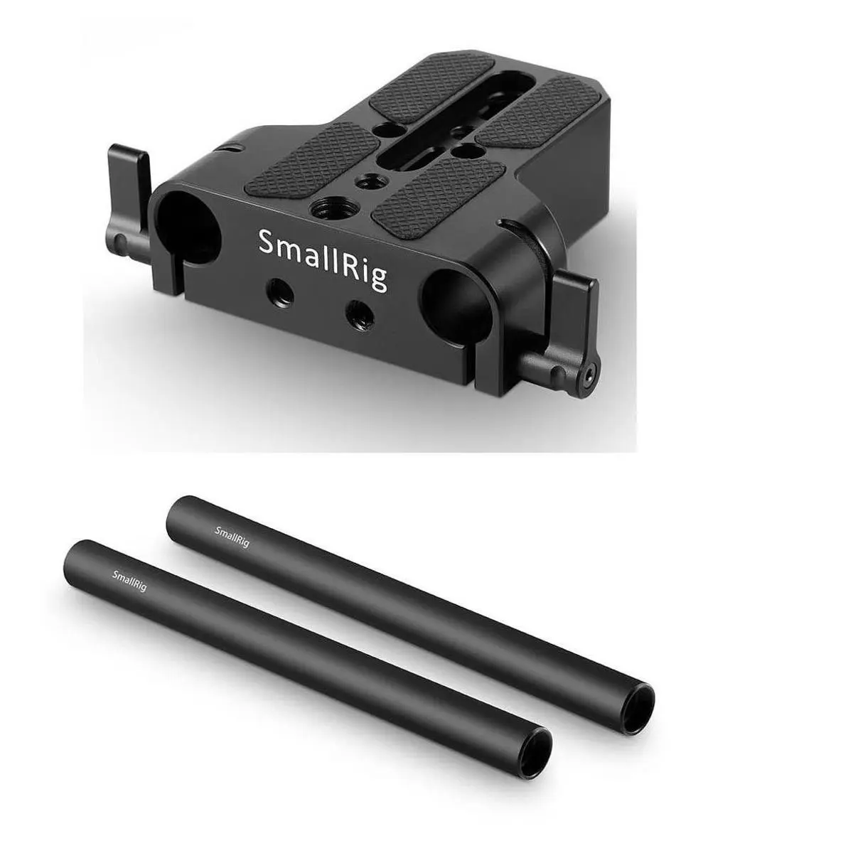 SmallRig Baseplate with Dual 15mm Rod Clamp - With SmallRig 15mm Black Aluminum Alloy Rod Pair, M12 Thread, 8"